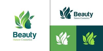 design de logotipo de rosto de beleza verde natural com design de elemento de símbolo de ícone de folha vetor