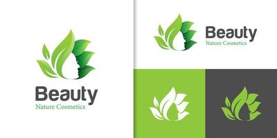 design de logotipo de rosto de beleza verde natural com design de elemento de símbolo de ícone de folha vetor