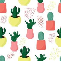 padrão sem costura com cactos, padrão com cactos e varas, tema de verão, cactos fofos em vasos, estilo de desenho bonito e cartoon, cores suaves e pastel, ilustração vetorial com plantas em casa vetor