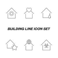 edifício como estabelecimento ou instalação. conjunto de ícones de linha incluindo ícones de casas, clínicas, oficinas, estúdios, lojas, café, laboratório. sinais de sol, coração, gota, estrela, globo e sinal de perigo por casa vetor