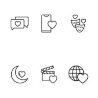 conceito de amor e romance. símbolos vetoriais em estilo moderno simples. conjunto de ícones de linha do coração, incluindo ícones de coração ao lado da bolha do discurso, smartphone, terra, máscaras, a lua vetor