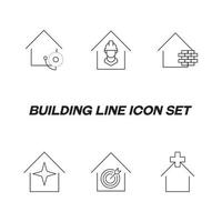 edifício como estabelecimento ou instalação. conjunto de ícones de linha incluindo 6 ícones de casas, clínicas, oficinas, estúdios, lojas, cafés etc. ícones de estrela, cruz, alarme de incêndio, construtor, seta no alvo sobre casa vetor