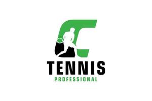 letra c com design de logotipo de silhueta de jogador de tênis. elementos de modelo de design vetorial para equipe esportiva ou identidade corporativa. vetor