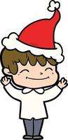 desenho de linha de um menino feliz usando chapéu de papai noel vetor