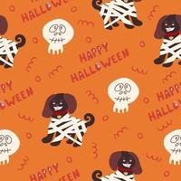 padrão perfeito para o feriado de halloween com cachorro múmia bonito dos desenhos animados e letras de feliz dia das bruxas. fundo infantil para tecido, papel de embrulho, têxtil, papel de parede. ilustração vetorial vetor