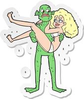 adesivo de um monstro do pântano de desenho animado carregando mulher de biquíni vetor
