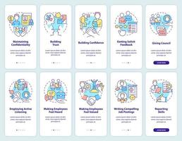 habilidades de RH onboarding conjunto de telas de aplicativos móveis. passo a passo de emprego 5 passos páginas de instruções gráficas com conceitos lineares. ui, ux, modelo de gui. uma miríade de fontes regulares pró-negrito usadas vetor