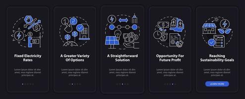 prós da tela do aplicativo móvel de integração do modo noturno ppa. benefícios para o cliente passo a passo páginas de instruções gráficas de 5 passos com conceitos lineares. ui, ux, modelo de gui. uma miríade de fontes regulares pró-negrito usadas vetor