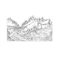 raposa bebendo rio bosques desenho preto e branco vetor