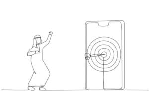 desenho do empresário árabe atingiu o alvo no celular com seta. arte de linha contínua vetor