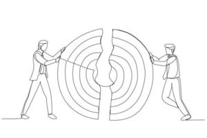 ilustração de empresários juntando pedaços de grande alvo. metáfora para o trabalho em equipe de negócios. estilo de arte de uma linha vetor
