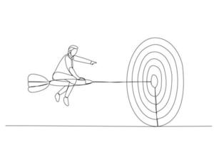 desenhos animados do empresário de confiança montando dardo visando o alvo. metáfora para alvo, objetivo e estratégia. arte de linha contínua vetor