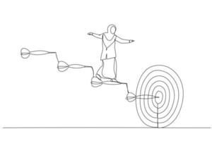 ilustração de empresária sobe as escadas de flechas para o alvo. conceito de caminho de negócios para o objetivo. estilo de arte de linha contínua única vetor