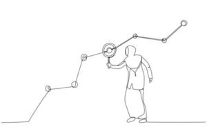 ilustração de comerciante de empresária muçulmana segurando lupa analisar gráfico e gráfico de dados do cliente. arte de linha contínua única vetor