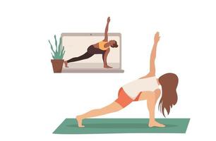 prática de ioga online. mulher em pose de ioga exercitando on-line com o laptop. ilustração vetorial vetor