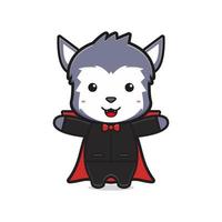 lobo fofo está vestindo fantasia de vampiro ícone de mascote de halloween ilustração dos desenhos animados estilo de desenho animado plano vetor