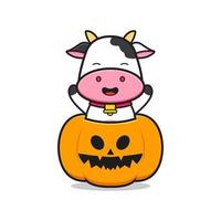 vaca bonita com abóbora halloween ícone de mascote ilustração dos desenhos animados estilo de desenho animado plano vetor