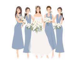 linda noiva feliz e dama de honra na cerimônia de casamento de vestido azul vetor