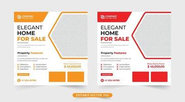 design de postagem de mídia social de negócios imobiliários com cores vermelhas e amarelas. modelo de anúncio de venda de casa moderna com seção de detalhes da propriedade. vetor de banner web promocional de negócios corporativos.