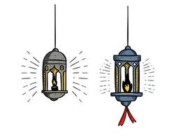 lanterna de lâmpada de ramdhan acende com coleção de conjunto de ilustração de estilo de desenho de vetor de fogo