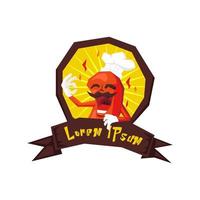 logotipo de mascote de personagem de desenho animado de chef picante de pimentão com fundo de queimadura solar e fita marrom vetor