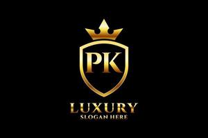 inicial pk elegante logotipo de monograma de luxo ou modelo de crachá com pergaminhos e coroa real - perfeito para projetos de marca luxuosos vetor