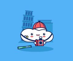 mascote de nuvem bonito do personagem da internet como turista carrega câmera digital na atração turística. feliz vetor de conceito de ilustração de férias viajando