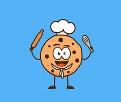 biscoitos fofos lanche personagem de desenho animado como chef de padaria padeiro segurando batedor e rolo gráfico de ilustração vetorial vetor