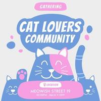 comunidade de amantes de gatos reunindo ilustração de anúncios de promoção de banner de folheto de convite de evento anual com desenho de doodle fofo de gatos na cor azul suave vetor