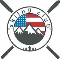 bandeira dos eua e design de logotipo de esqui de montagem. design de logotipo do clube de esqui. vetor