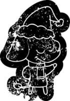 ícone angustiado dos desenhos animados de um elefante sorridente usando cachecol usando chapéu de papai noel vetor
