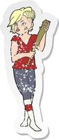 adesivo retrô angustiado de uma garota bonita punk de desenho animado com taco de beisebol vetor