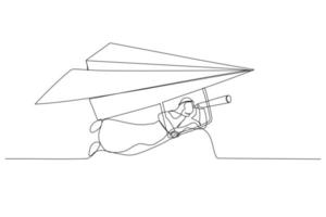 desenho animado do empresário árabe voando origami de avião de papel como planador com telescópio para ver o futuro. previsão futura ou descobrir uma nova ideia. estilo de arte de linha contínua única vetor