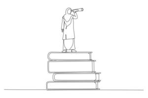 ilustração da empresária muçulmana na pilha de livros usando o telescópio para uma boa visão. conhecimento ou educação para o futuro trabalho e conceito de melhoria pessoal,. estilo de arte de uma linha vetor