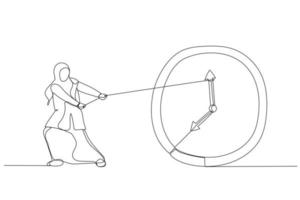 desenho de empresária muçulmana tentando desacelerar e parar o tempo. parando a metáfora do tempo. estilo de arte de linha única vetor