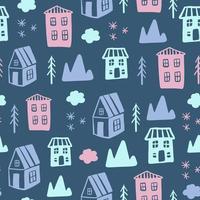 doodle casas paisagem de inverno sem costura padrão vetor