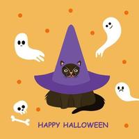 festa a fantasia de gatos de halloween. engraçado gato de halloween com chapéu de bruxa com ilustração vetorial de fantasmas para design de cartão ou convite vetor