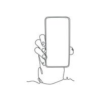 desenho de linha contínua de pessoa segurando smartphone, mão segurando smartphone vetor