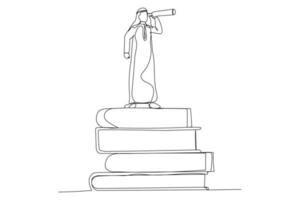 ilustração do empresário árabe na pilha de livros usando o telescópio para uma boa visão. conhecimento ou educação para o conceito de melhoria pessoal. estilo de arte de uma linha vetor