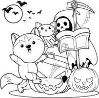 livro de colorir de halloween com husky fofo vetor