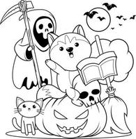 livro de colorir de halloween com husky fofo vetor