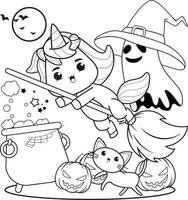 livro de colorir de halloween com unicórnio fofo vetor