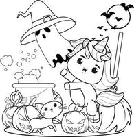 livro de colorir de halloween com unicórnio fofo vetor