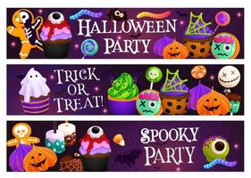 banner de halloween com sobremesa e doces assustadores vetor