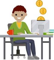 homem sentado à mesa com o computador. renda e salário online. cofrinho e moedas de ouro. compras on-line na loja. ilustração plana dos desenhos animados. trabalho freelance e programador. cara africano vetor