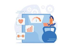 software de fitness. organizador de emagrecimento, planejador de treinamento esportivo, programa de perda de peso. mulher usando laptop para progresso de treino e rastreamento de bem-estar. ilustração moderna de vetor plana