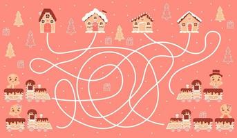 enigma de natal para crianças, ajuda a encontrar o caminho certo para gingerman, aconchegante cidade de biscoitos em fundo rosa, atividade interna de férias de inverno, planilha educacional imprimível vetor