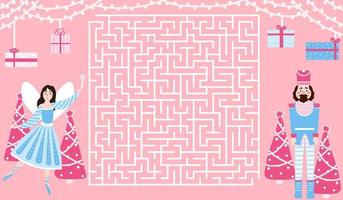 atividade de natal para livro infantil, labirinto com quebra-nozes e fada com presentes e véspera em estilo cartoon em fundo rosa, planilha imprimível para crianças, quebra-cabeça lógico vetor
