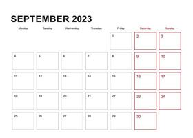 planejador de parede para setembro de 2023 em inglês, a semana começa na segunda-feira. vetor