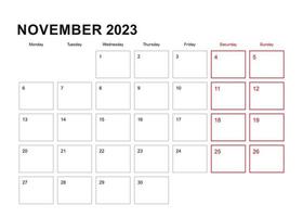 planejador de parede para novembro de 2023 em inglês, a semana começa na segunda-feira. vetor